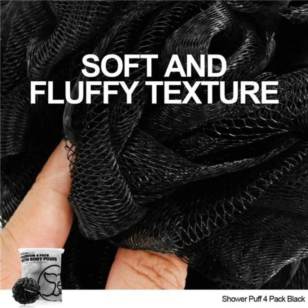 Shower Loofah Puff 4 Pack Black Bath Sponge Bamboo Charcoal Mesh Body Scrubber